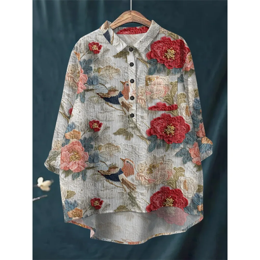 بلوزة نسائية أنيقة بطبعة زهور رومانسية فرنسية قميص بأكمام طويلة نصف زر للأسفل مع حاشية غير متماثلة ملابس علوية غير رسمية ناعمة #3