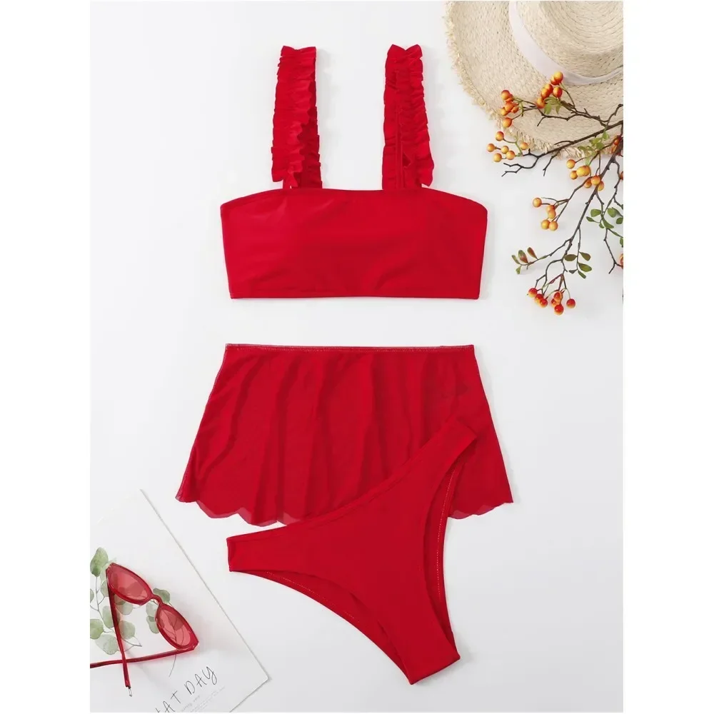 Red Bikini Ruched Straps Swimwear Pleated Skirt Swimsuit Women Sexy Beach Outfits Thong Bikinis Sets 3 Pieces Bathing Suit Mujer