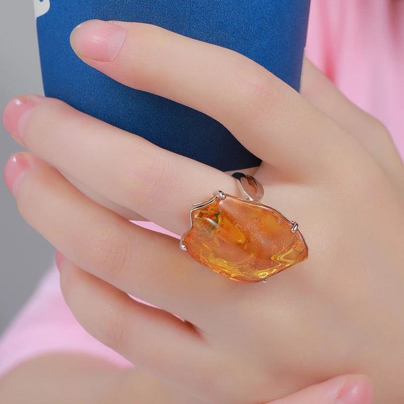 2022 New Arrival ​Natural Precious Amber Ring 925 Sterling Silver Jewelry Gifts Crystal Luxury Ring Temperament Retro Ring