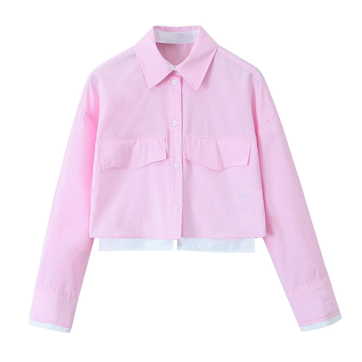 Women\'s Fashion Patchwork Long Sleeve Shirt Casual Short Street Style Button Decorative T-Shirt