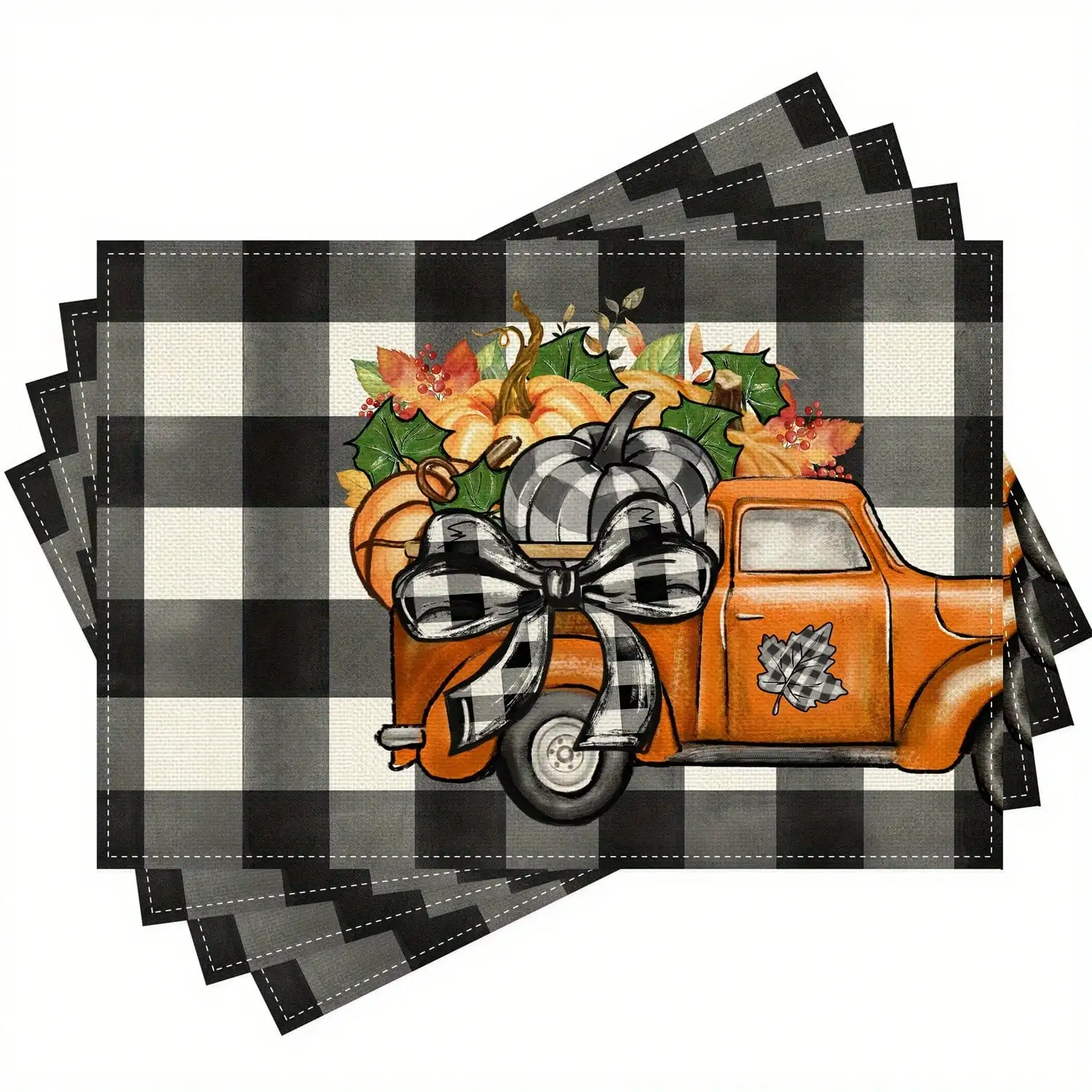 4/ 6pcs Buffalo Plaid Truck Bow Pumpkin Leaves Berries Placemats 12x18 Inch Fall Thanksgiving Table Decorations For Kitchen Dining Party Home Decor