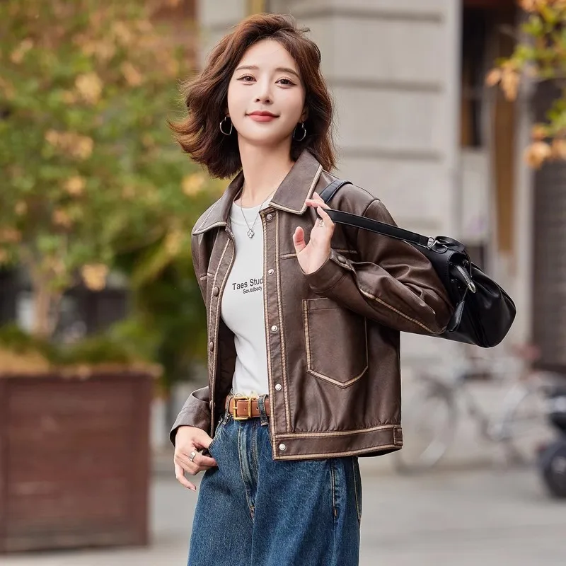 Damski płaszcz ze skóry naturalnej, casualowy, wysokiej jakości, luźny krój, długi rękaw, do pracy, Guangzhou Thirteenth Fac.