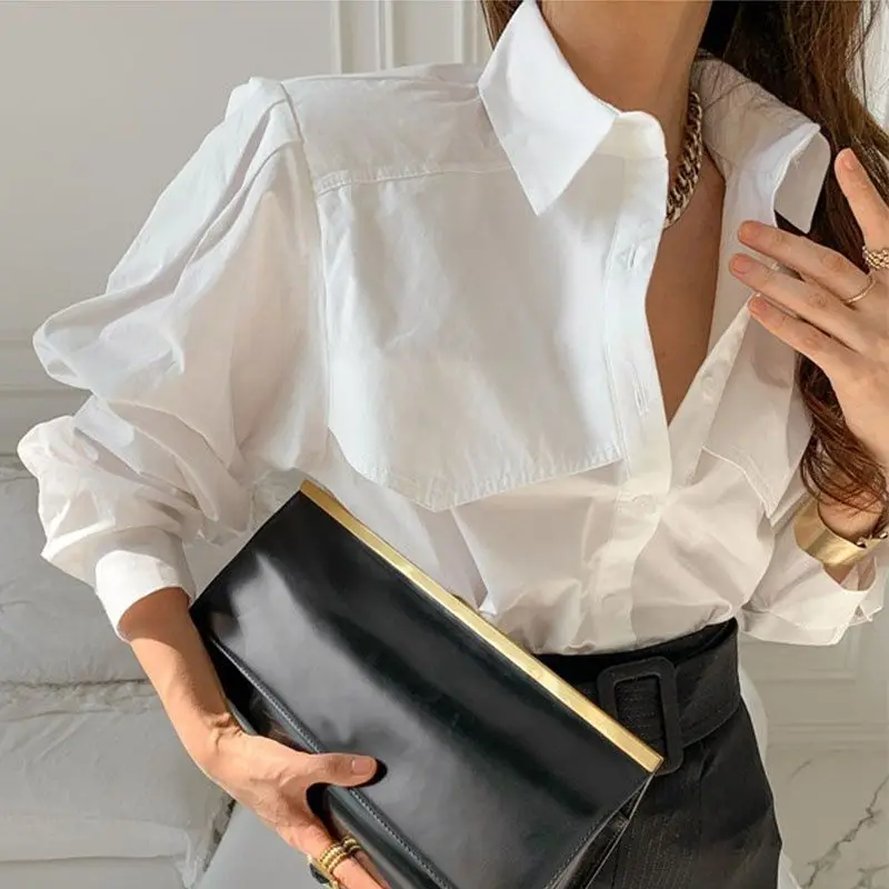 Elegant White Chiffon Blouses Women Cotton Chic Puff Sleeve Old Money Style Long  Shirts Casual Loose Office Wear 2024 Top