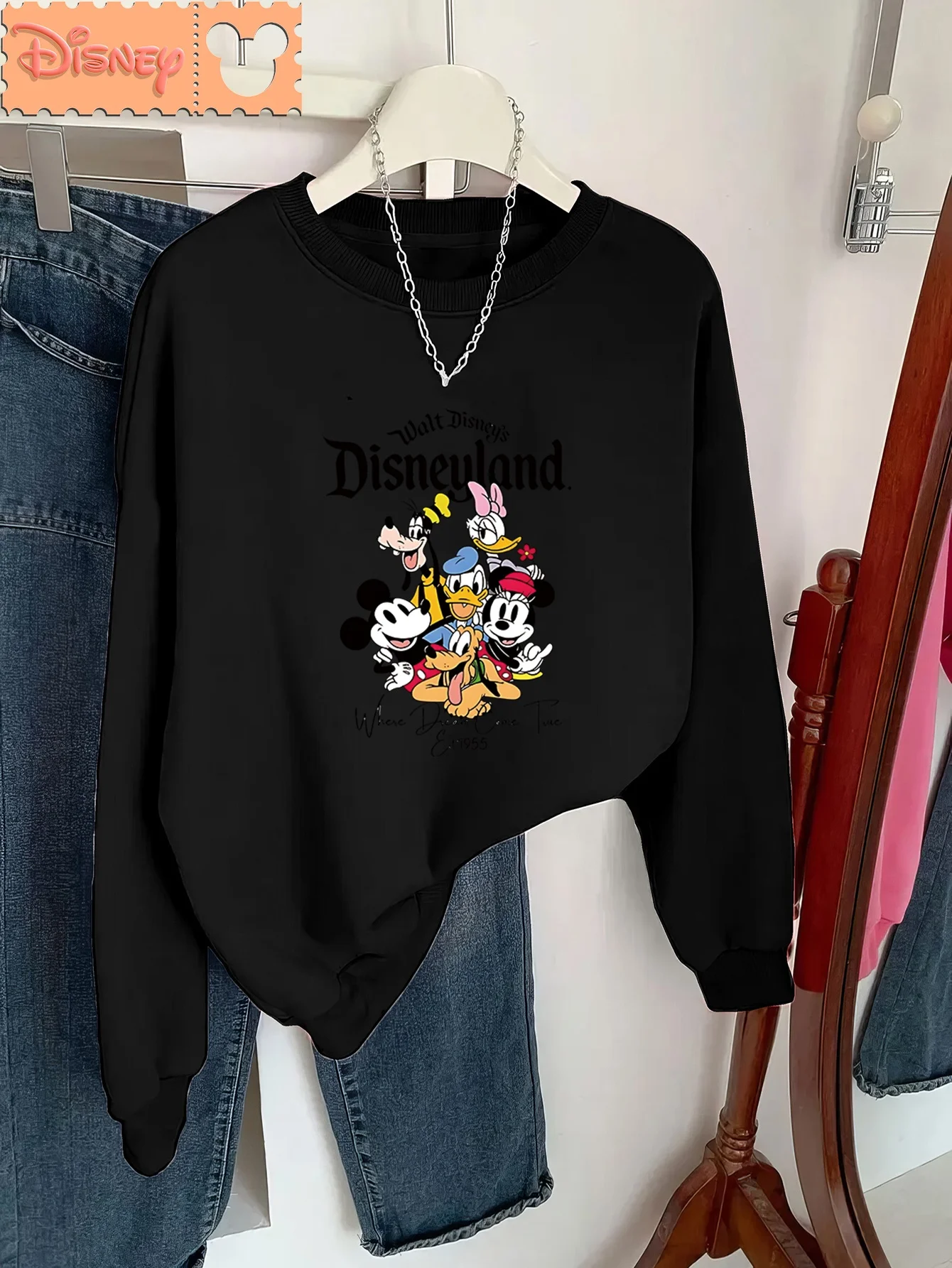 Sudadera con estampado de patrón Disneyland para mujer estilo casual manga corta cuello redondo otoño e invierno estilo deportivo versátil