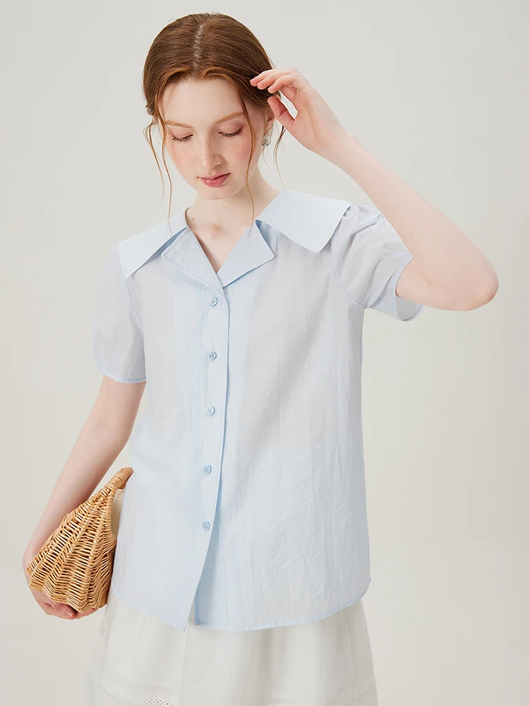 

FSLE Summer Light Blue Short Sleeve Blouses Sailor Collar Female Cotton Short Shirts Korean Style Beige Straight Shirt 24FS12956