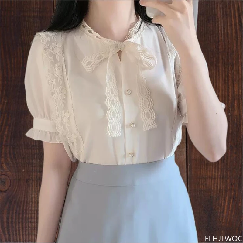 Cute Sweet Girls Japan Korea 2022 Woman Ribbon Bow Tie Retro Vintage Tops Blusas Preppy Style Ruffles Lace White Button Shirts