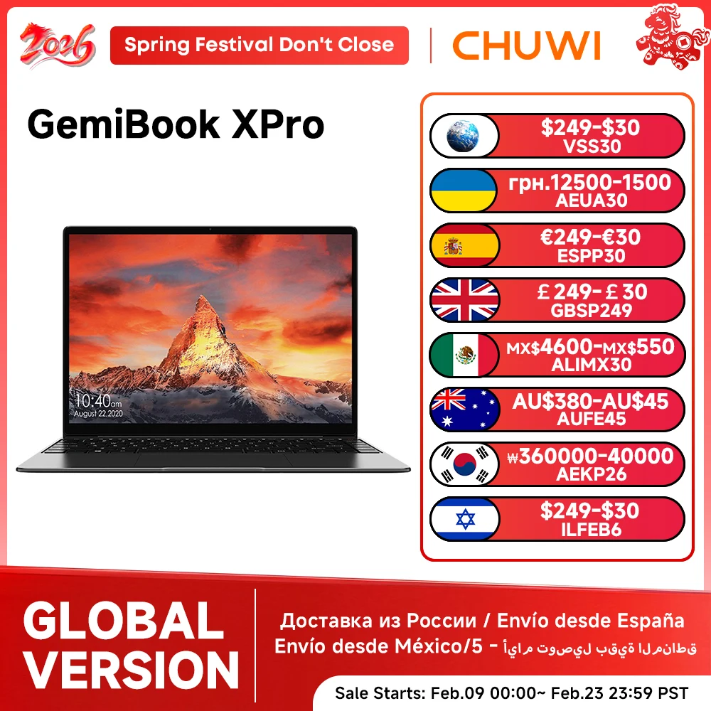 Ноутбук CHUWI GemiBook XPro с 14-дюймовым UHD-экраном, 8 ГБ/16 ГБ ОЗУ, 256 ГБ SSD, Intel N150/N100, Windows 11, компьютер с вентилятором, ноутбук