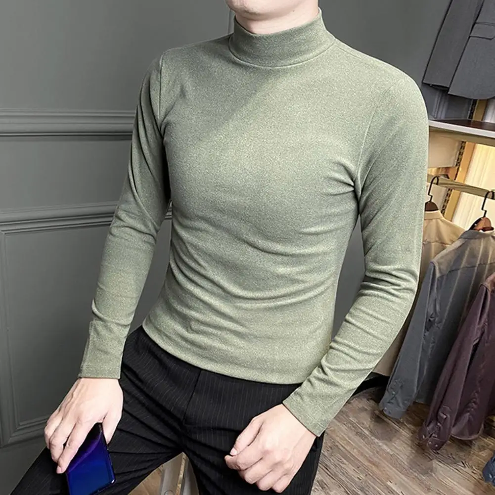 Fashion Autumn Men Shirt Solid Color Warm Thermal Half-high Collar Pullover Slim Fit Long Sleeve Elastic Plush Spring Top