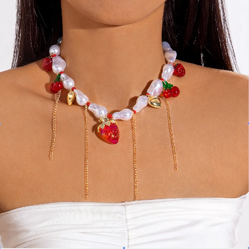Docona Sweet Romantic Resin Beaded Tassel Necklace Imitation Cherry Strawberry Pendant Women's Summer Party Vacation Jewelry