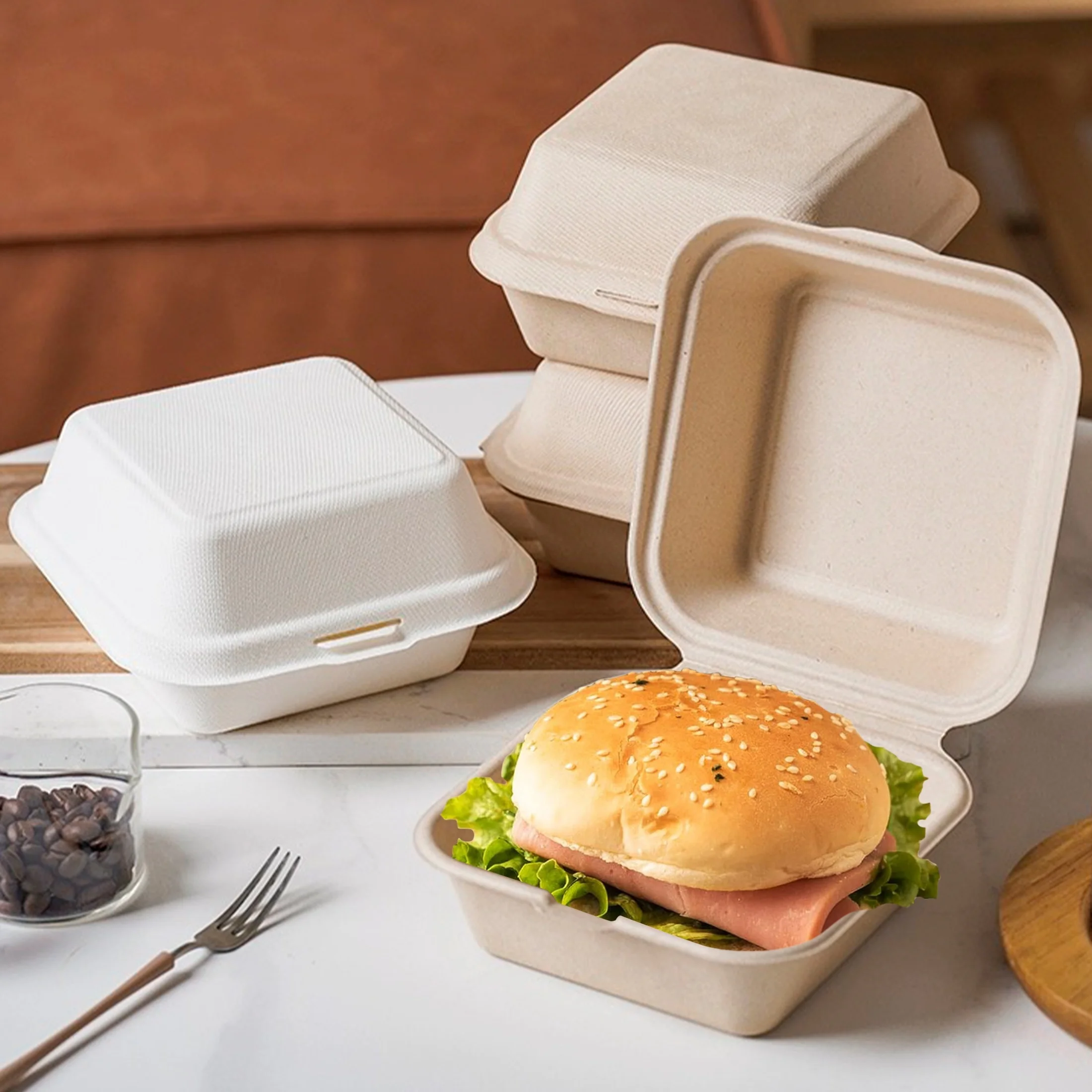 

20 pcs, Disposable Burger Boxes,, Boxes made of bagasse, for picnic, take out, party supplies, white/natural color