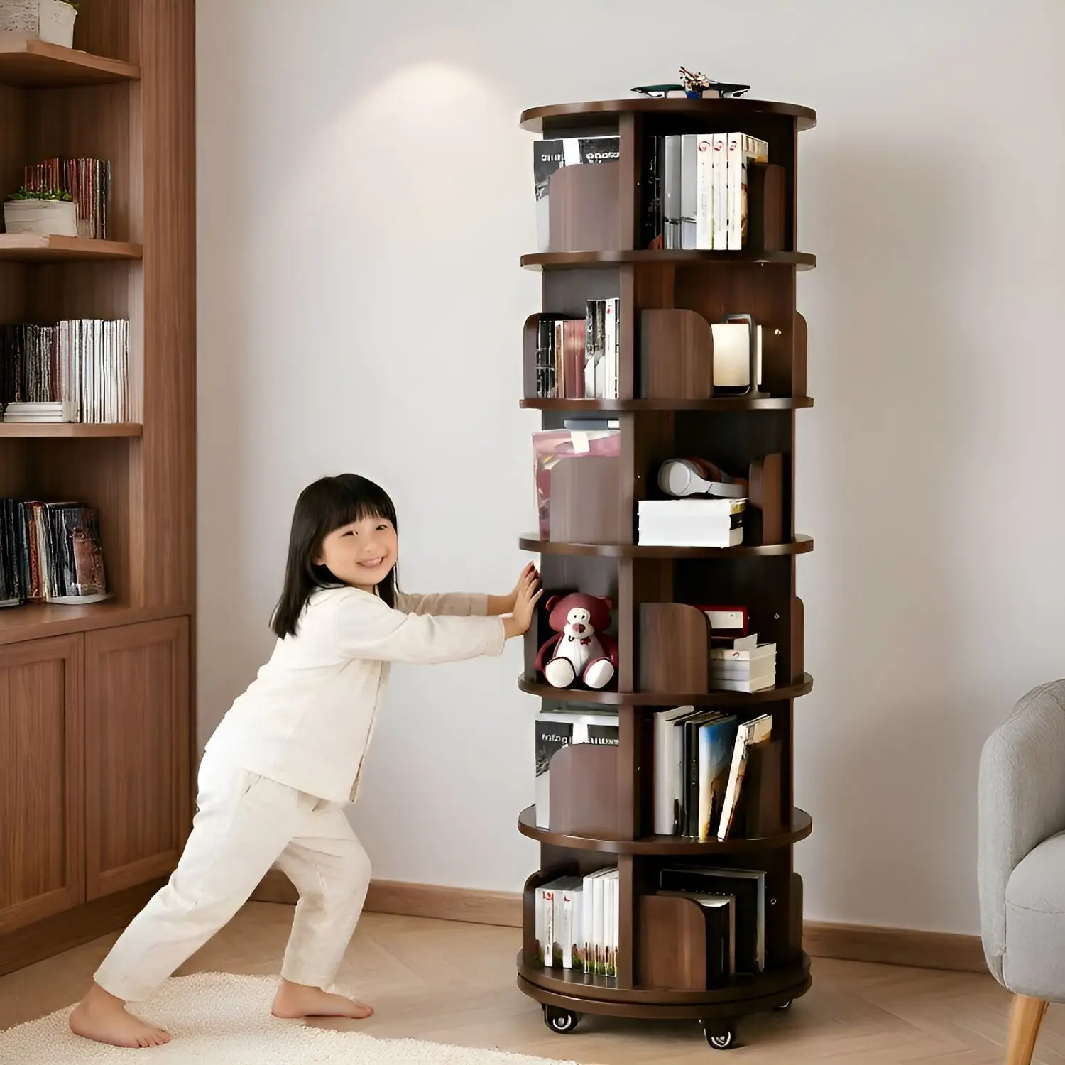 All solid wood rotating bookshelf 360 degree bookcase household living room wheels movable children's floor picture book shelf