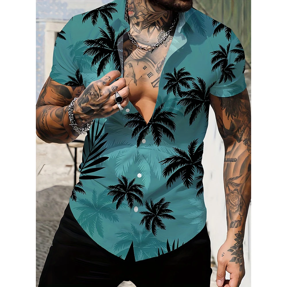 

Men'S Summer Shirt Fashion 3D Coconut Tree Print Short Sleeve Men'S Hawaiian Beach Shirt Fashion Large Size Baggy Lapel Top