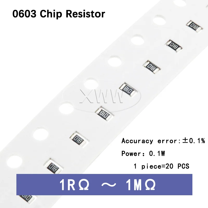20Pcs 0603 SMD Thin Film Resistor 0.1% High Precision Low Temperature Drift TCR High Accuracy Chip Resistors 1R 2.2R 10R 1K 10K