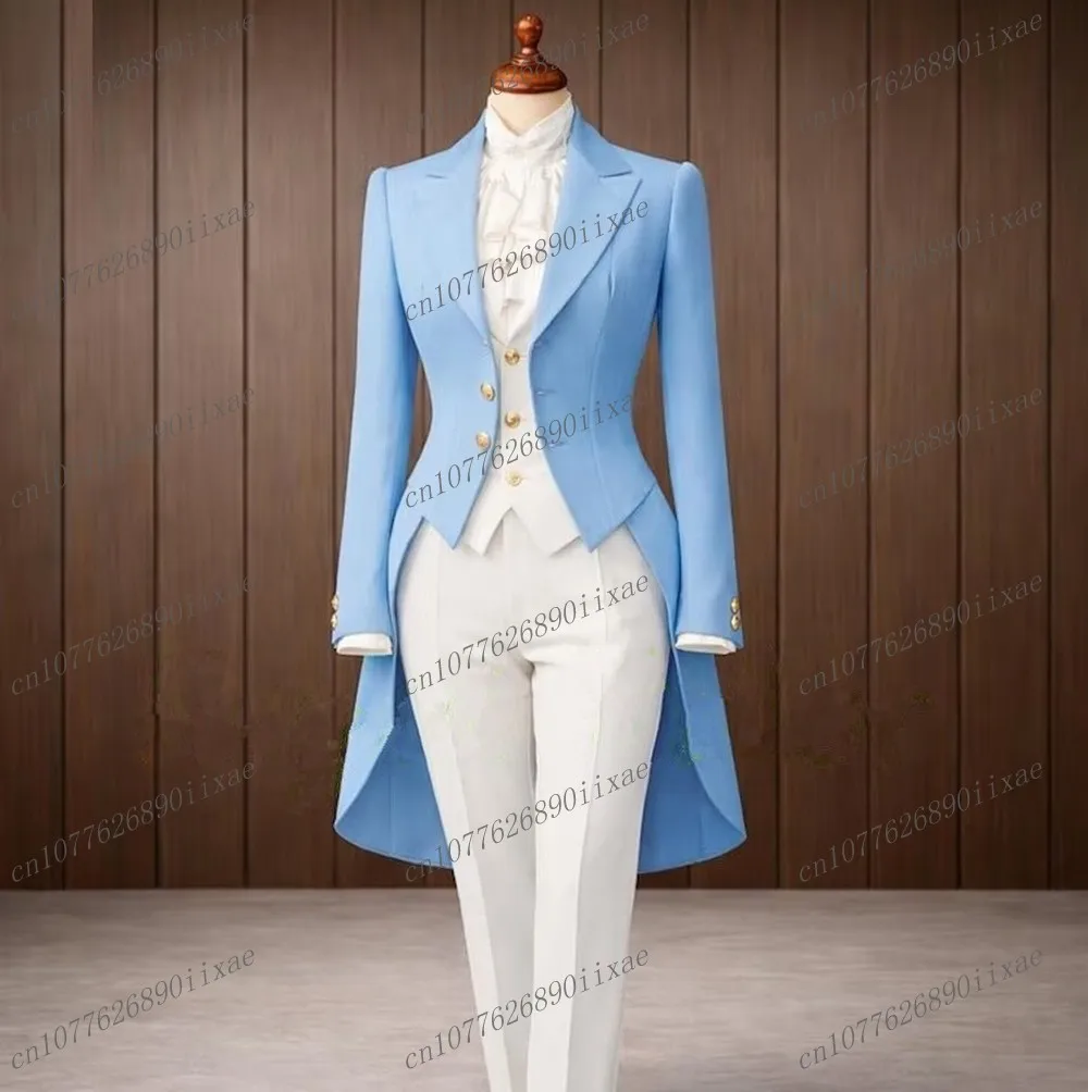

Blue Long Blazer White Women Suits Lady Business Office Tuxedos Mother Wedding Party Formal Ladies 3 Piece Set Jacket Vest Pants