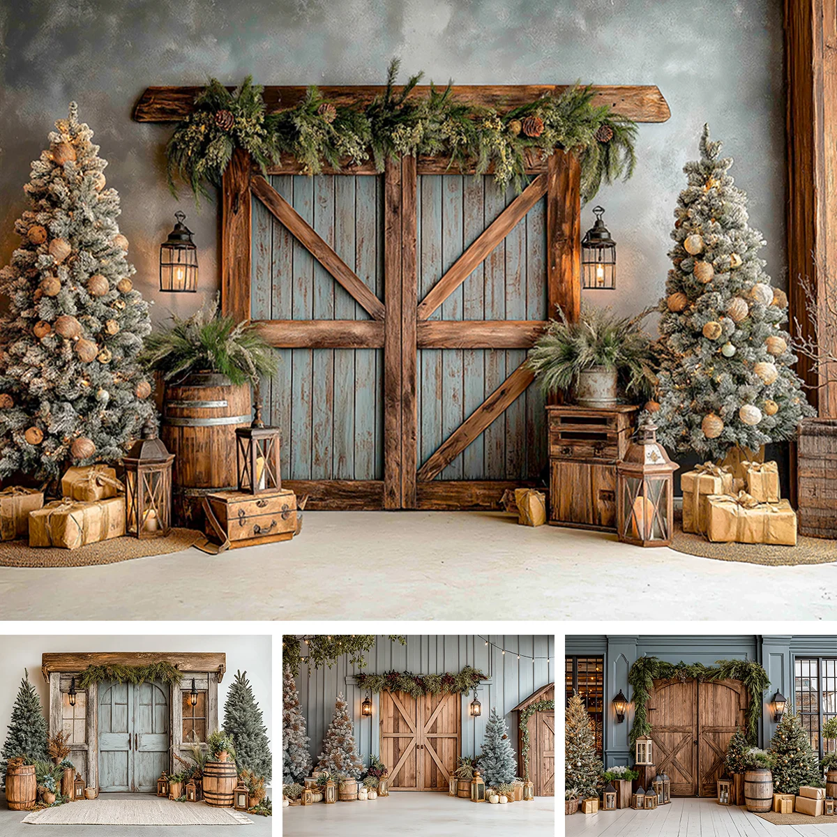 Christmas Pine Trees Photography Backdrop Rustic Wooden Door Garlands Lanterns Background Adult Kids Portrait Photo Studio Props