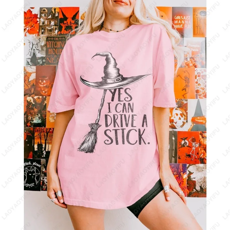 

Yes I Can Drive A Stick Halloween Tshirt All Saints' Day Party Witch's Broom Gift Funny Tops Men Women Cotton Street Fashion Tee
