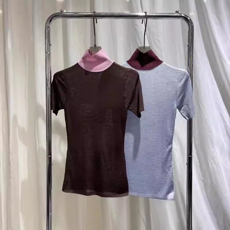 

Новая женская модная облегающая трикотажная футболка с коротким рукавом и высоким воротом в стиле колор-блок, универсальная, весна-лето 2026