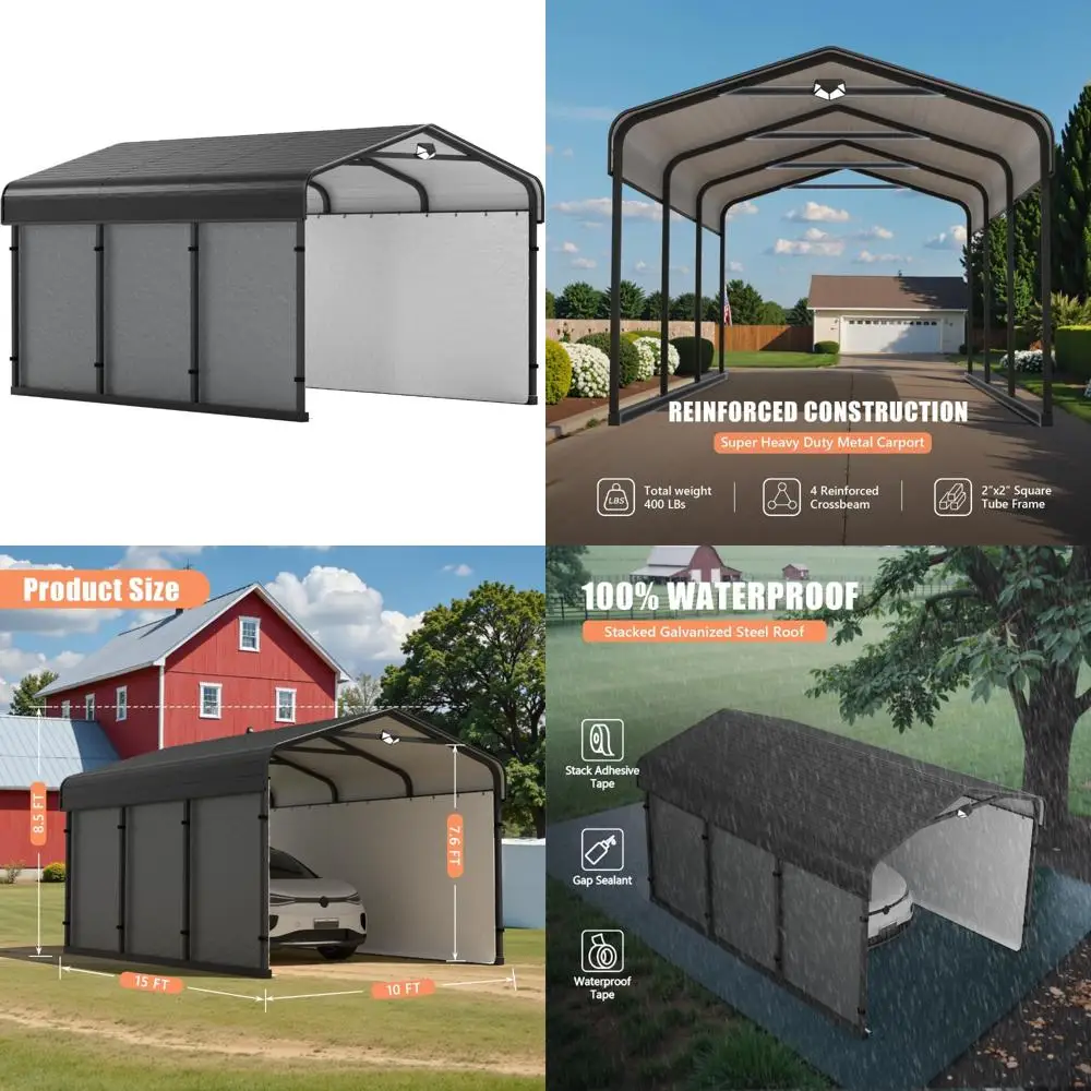 

Сверхмощный металлический карпорт 10x15 с крышей из оцинкованной стали и съемными боковыми стенками из полиэтилена для защиты автомобиля на открытом воздухе