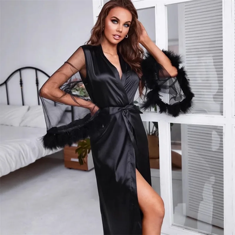 

Вечернее платье с перьями и атласом, сексуальный прозрачный халат с длинными рукавами и поясом, вечерняя ночная сорочка, нарядное платье для гостей на свадьбу, вечерняя юбка