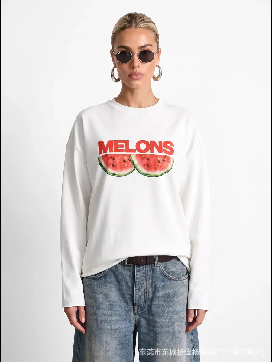 chic Retro Funny Melons Watermelon Graphic Oversized Cotton Long Sleeve Tee Women Y2K Playful Aesthetic Crew Neck Casual T‑Shirt