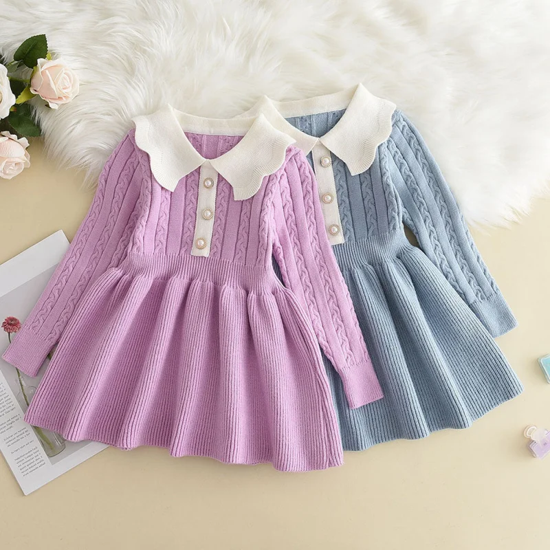 

Girls' Sweater Dress Winter New Fashionable Solid Color Little Girl Knitted Long Sleeve Princess Dress Trendy