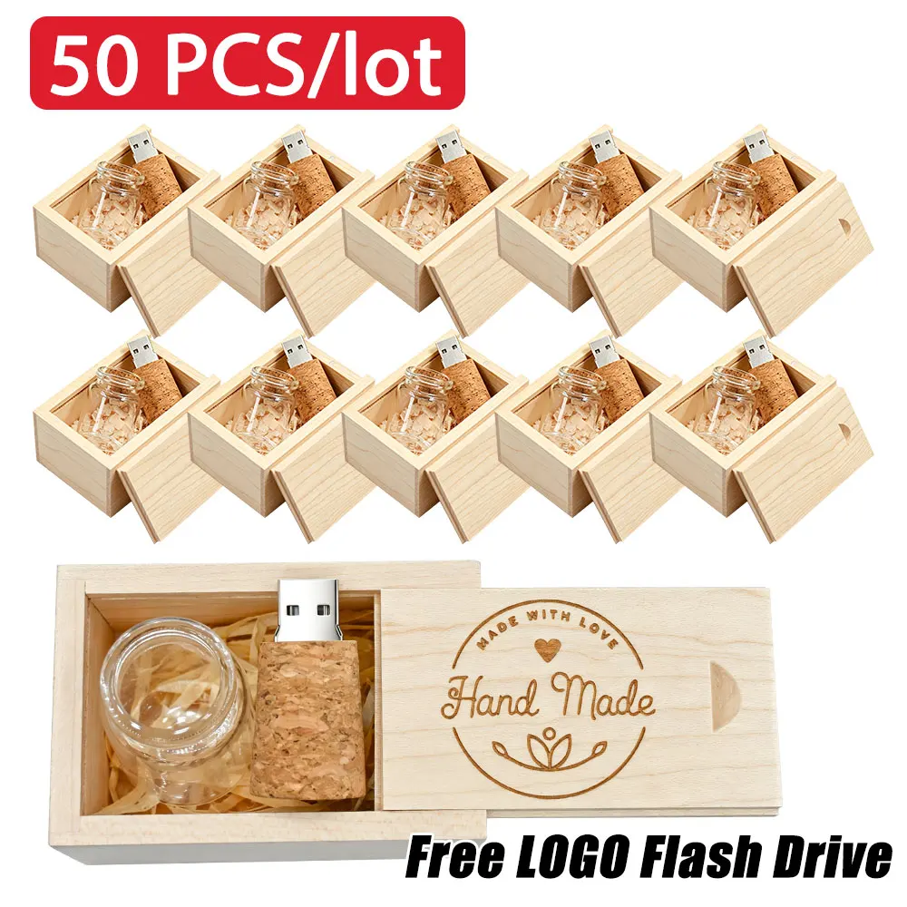 50pcs Drift Bottle 2.0 USB Pen Drive 64GB 32GB Wooden Box Flash Drive 16GB Creative Gift 8GB Free Custom Logo Memory Stick