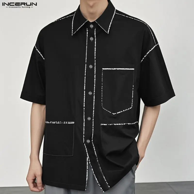 

INCERUN Men Shirt Patchwork Lapel Short Sleeve Loose Korean Style Men Clothing Streetwear Summer Fashion Casual Tops Male Shirts