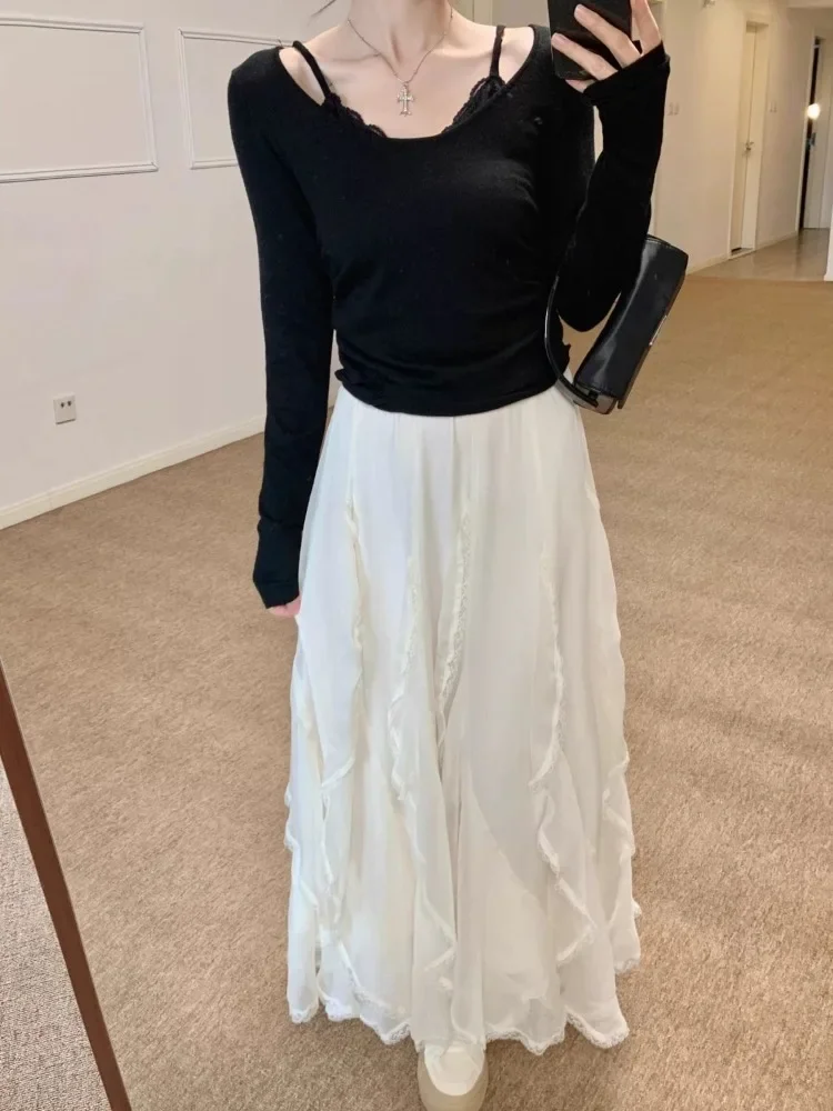 

Ezgaga Необычные юбки женские весенние модные оборки в стиле пэчворк во французском стиле шикарная однотонная элегантная эластичная длинная юбка женская