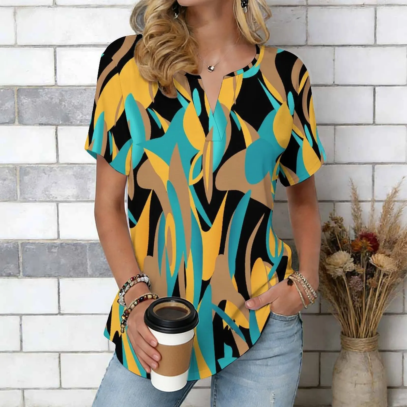 Women Print Notched V Neck Short Sleeve Casual Loose Tunic Tops