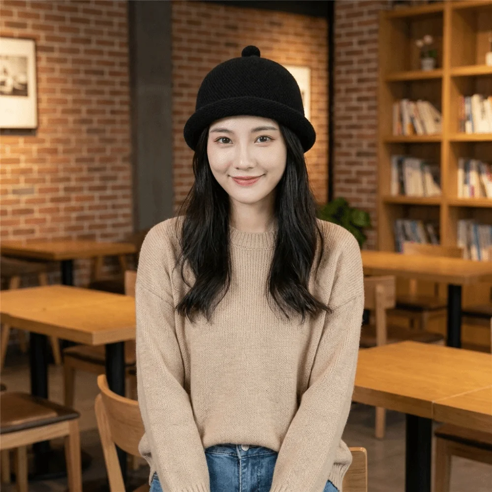 Casual Solid Color Melon Skin Hat Rolled Edge Keep Warm Painter Hat Knitted Multifunction Pacifier Cap Winter