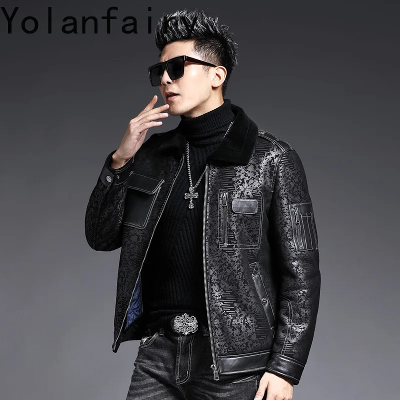 YOLANFARIY Sheepskin Real Leather Fur Coat Mens Motocycle Short Coats Natural Wool Jacket Men Winter Clothes Casaco Masculino