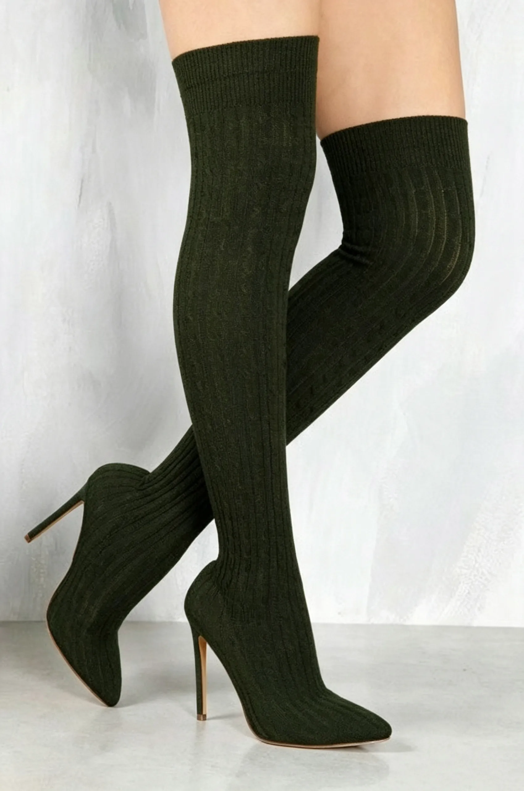 Olive Cable Knit Thigh High Sock Boots Women Double White Stripe Cuff Pointed Toe Stiletto Heel Boots