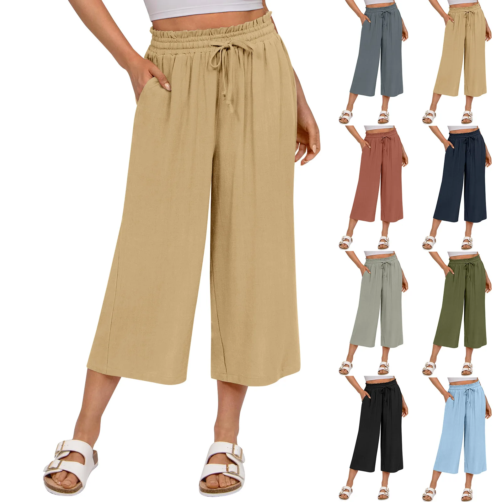 

Y2K New Women's High Waist Casual Versatile Wide Leg Pants Pocket Lightweight Solid Color Drawstring Loose Wide Leg Pants