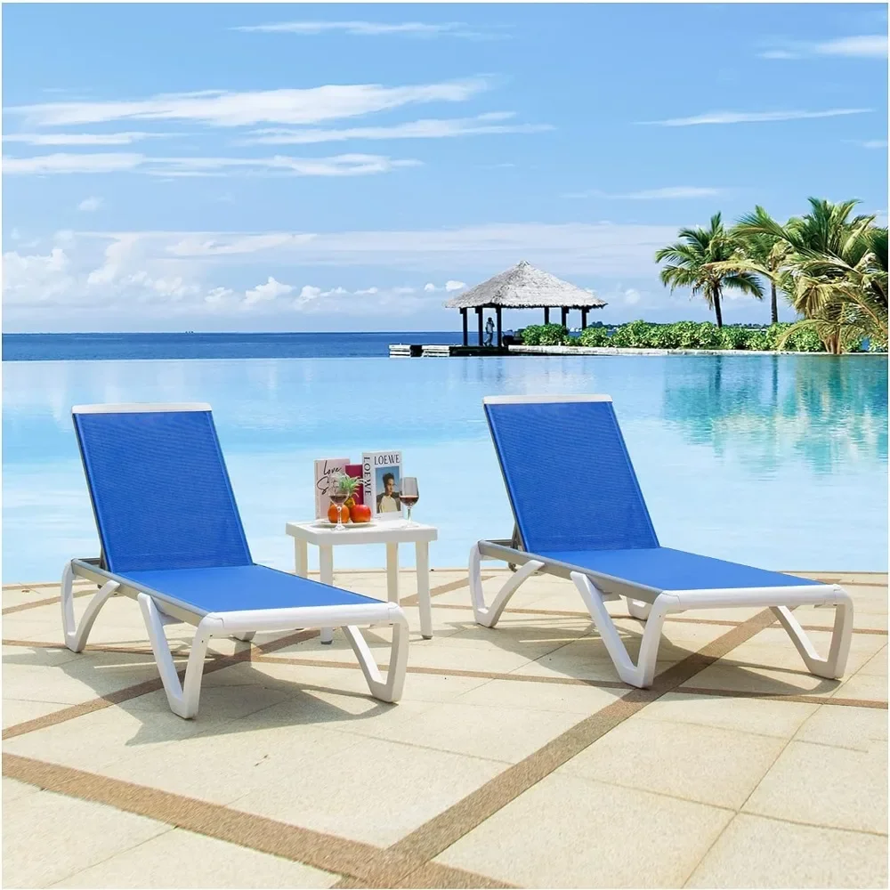 

Outdoor Chaise, Adjustable Aluminum Patio Lounge,Plastic Pool Lounge Chair 2 Blue Lounges W/Table ,Outdoors Garden Lounger