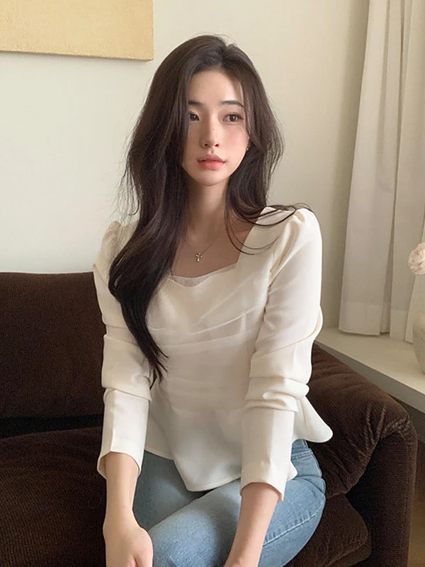 

Корейская модная женская блузка с сетчатыми вставками, рюшами по низу, квадратным воротником, приталенная, с драпировкой на талии, весенняя новинка