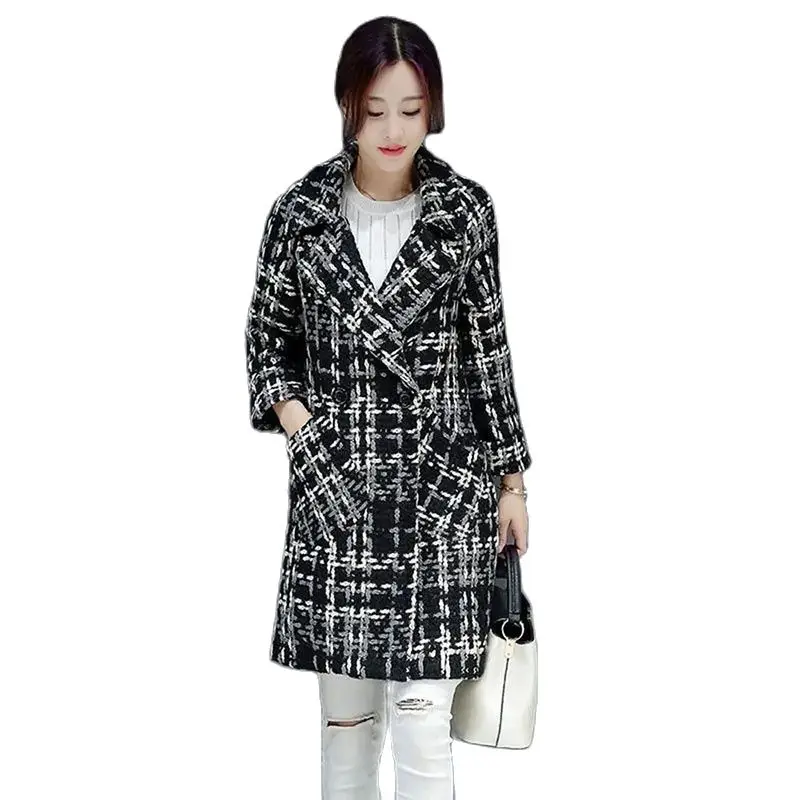 Fashion Green Plaid Woolen Coat Women\'s 2024 New Spring Autumn Winter Jacket Mid-Length Slim Thickened Woolen Blend Outerwear