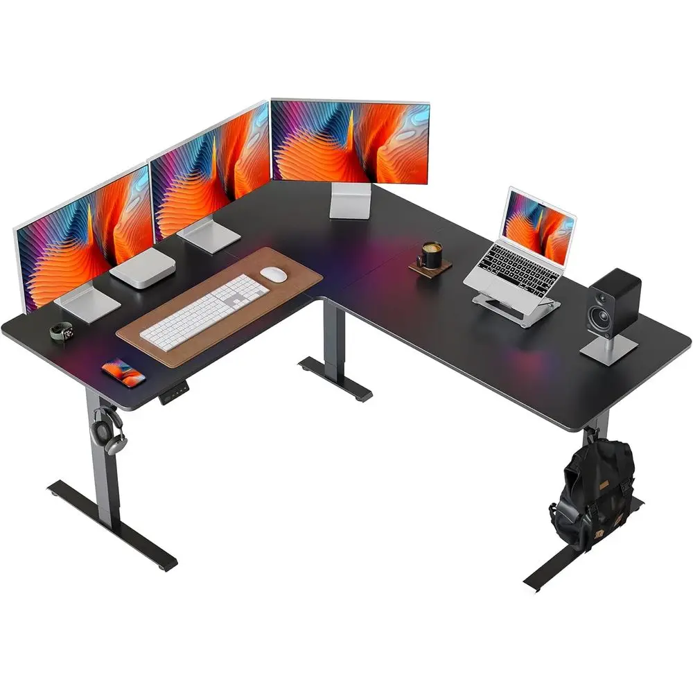 

63 x 55 Adjustable Height L-Shaped Desk, Electric Sit-Stand Home Office Desk with Split Surface, Black