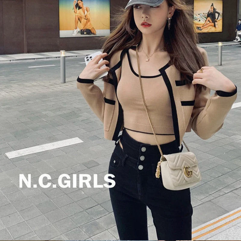 

Temperament Patchwork Knitting Cardigan Coat Spring Autumn Women Clothes Korean Camisole Two-piece Suit Simplicity Casual Tops