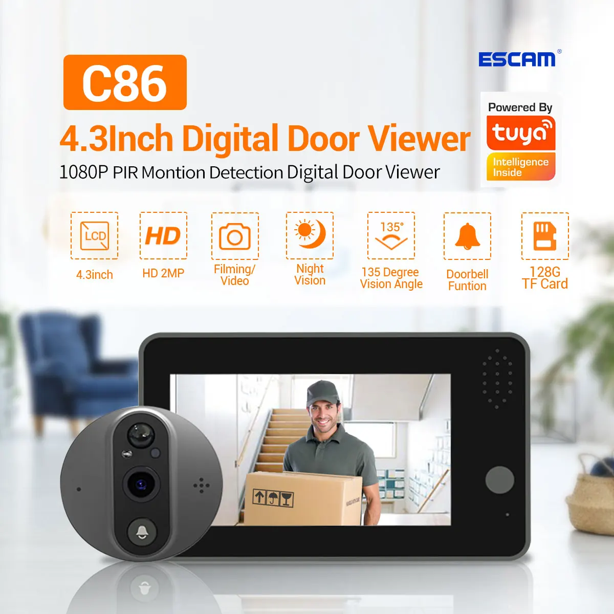 Tuya inteligente wifi campainha peephole câmera, segurança em casa, áudio 2-way, visão noturna, 4,3 "campainha de vídeo fhd, 1080p