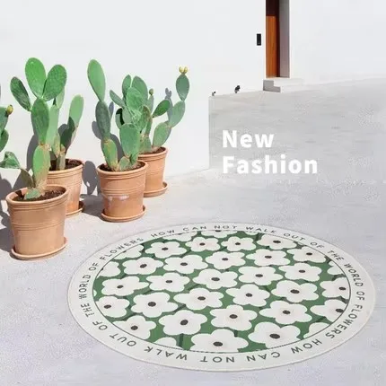 Non-Slip Round Floral Carpet, Green, Yellow Letter, Bedroom, Living Room, Home Floor Mat