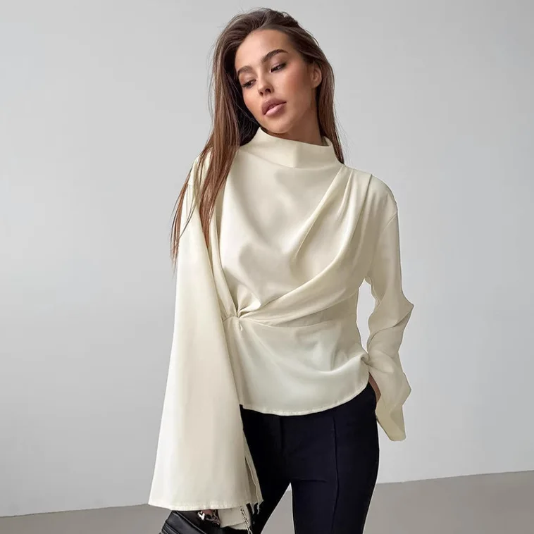 

Women's Shirt Fashion Flared Sleeve Pleated Slit Long Sleeve Blouse 2025 Spring And Autumn New Casual Delicate Femme Loose Top