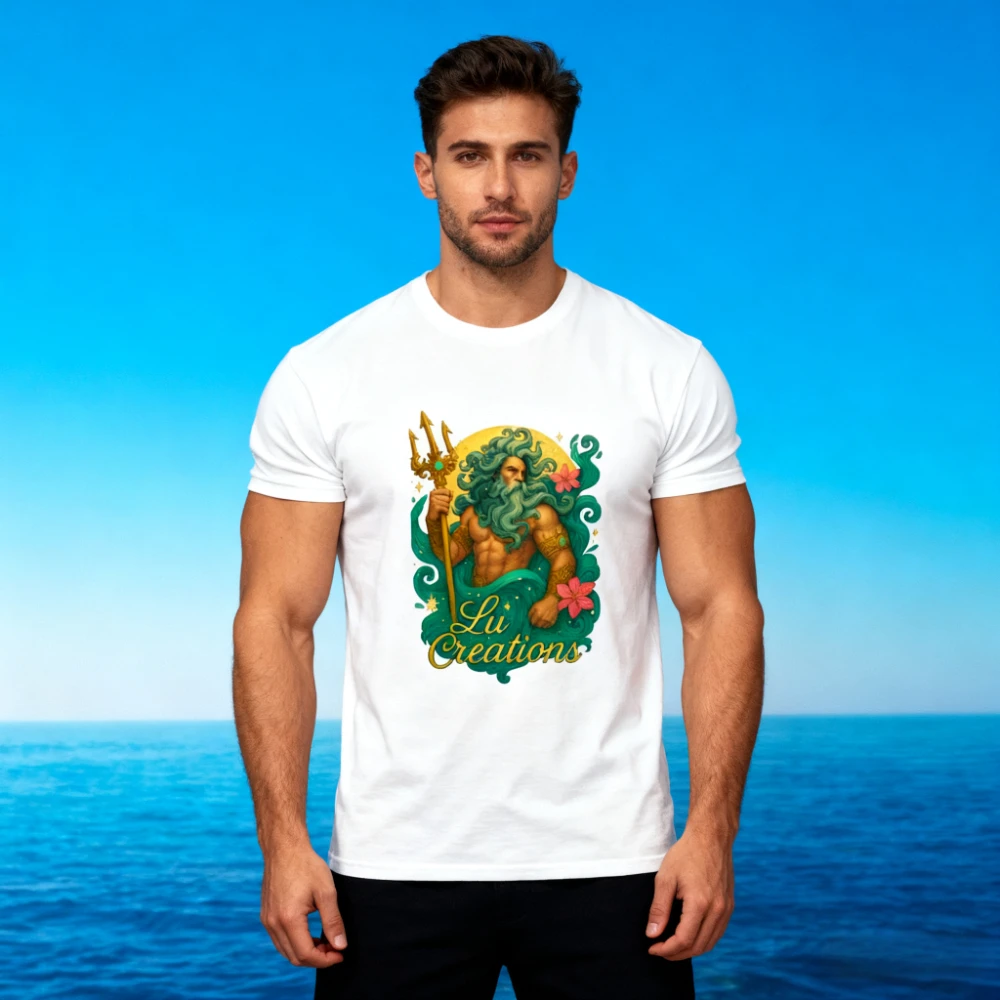 Retro Poseidon Greek God T-shirt Unisex Greek Mythology Graphic Tee Sea Creature Fantasy Shirt Men Crewneck Cotton Short Sleeve