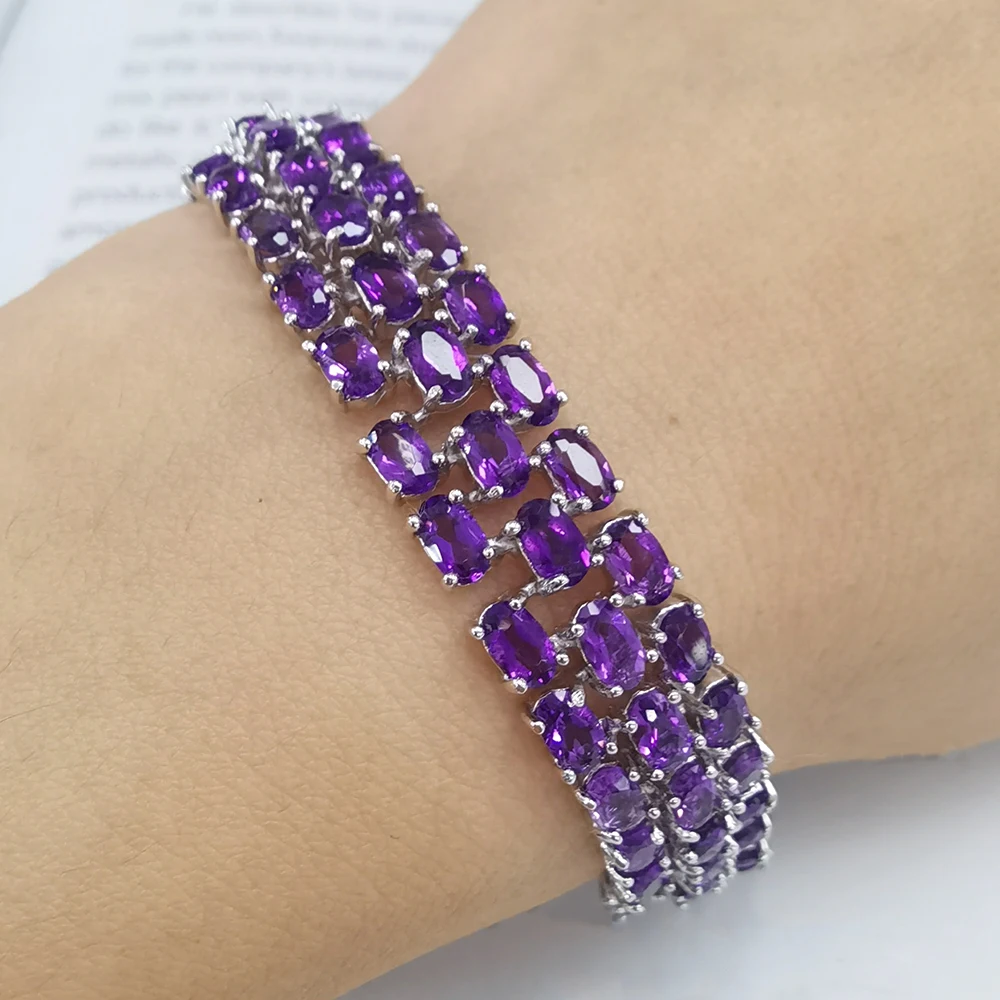 Luomansi 92pcs 3*5MM Three Row Natural Amethyst Bracelet 17CM100%-S925 Sterling Silver Jewelry Anniversary Party Gift