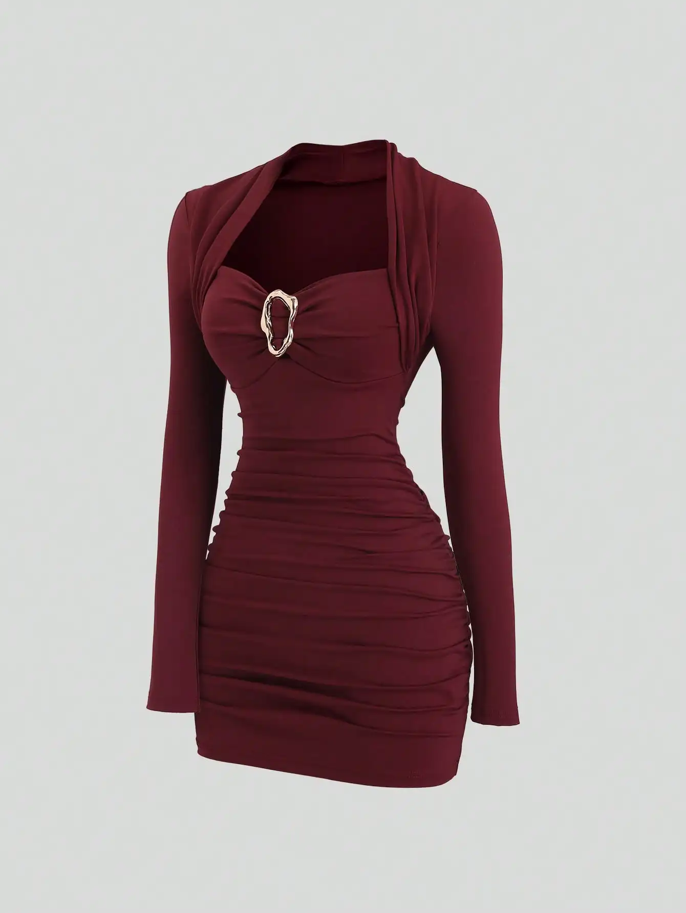 

Бордовое платье с драпировкой, длинными рукавами и металлической пряжкой, приталенный силуэт для вечеринок и официальных мероприятий