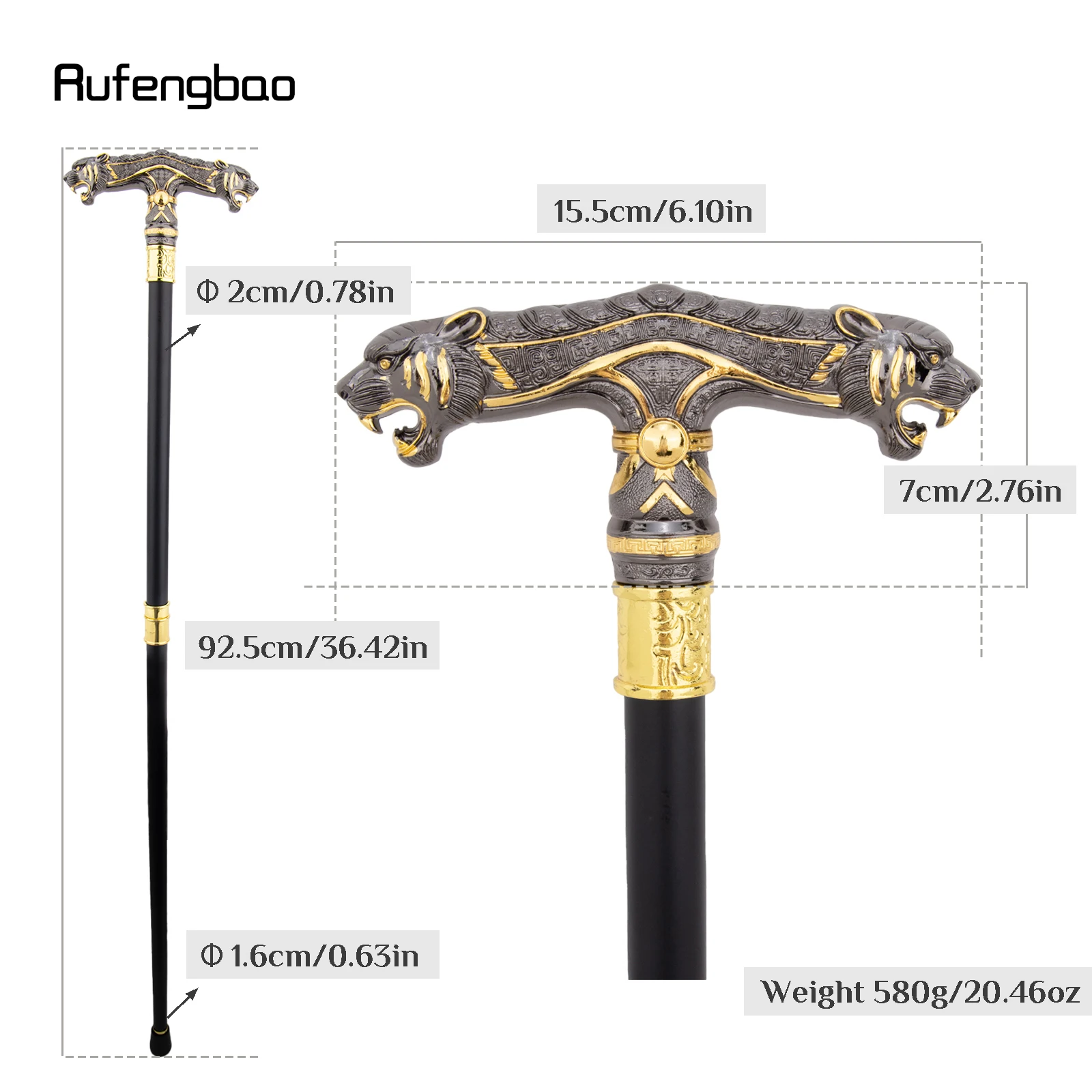 Golden Black Double Head Leopard Walking Stick Decorative Cospaly Party Fashionable Cane Halloween Crosier Cane 92cm