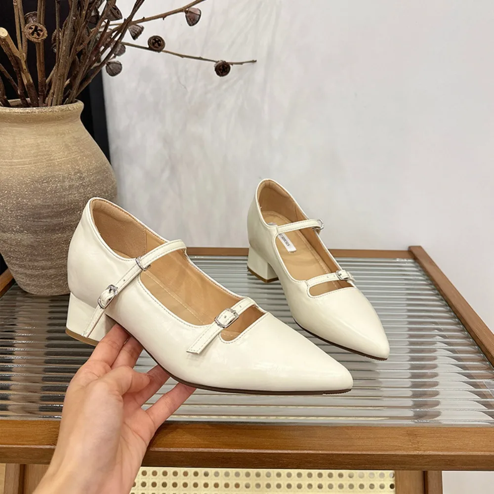 2026 Summer New Pointed Shallow Mouth Coarse Follow Up Shoes for Women with One Word Strap Mary Jane Shoes with Inner High Heels