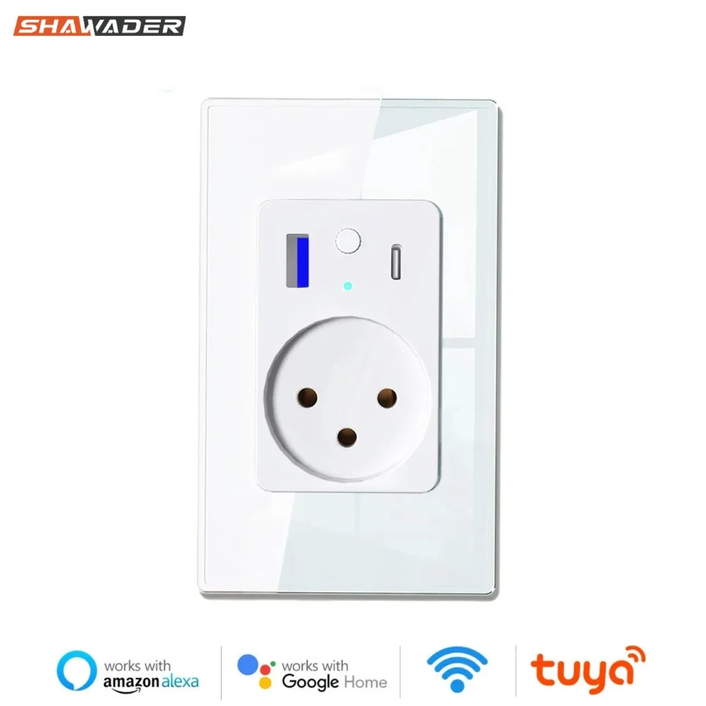 Tuya Wifi Smart Life Israel Power Wall Socket USB 3A Type C PD 30W for Iphone EU Plug Outlet Glass Panel by Alexa Google Home