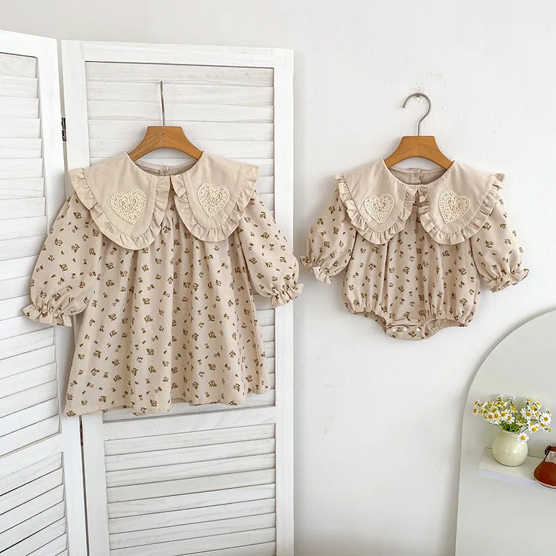 Spring Girls Long Sleeve Sweet Sisters Peter Pan Collar Dress Autumn Infant Rompers Kids Floral Baby Princess Clothes Rompers