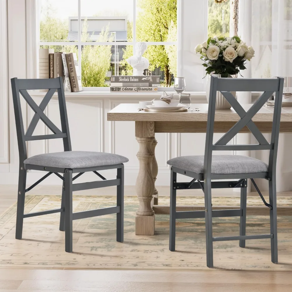 

One Set of Two Dining Chairs with Soft Cushions, Wooden Folding Dining Chairs, Space Saving, Folding