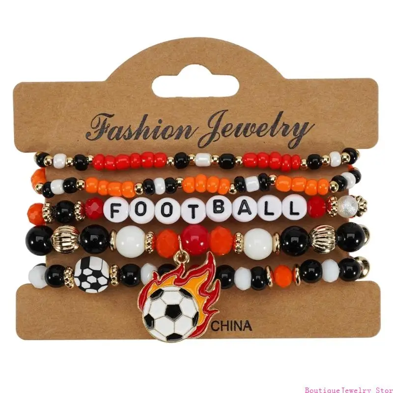 E1PE Vibrant Glass Bead Football Bracelet With Adjustable Closure Comfortable Wear Wristband Jewelry Accessories